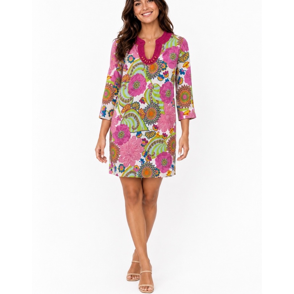 Boden Tunic Dress Womens 4 Pink Floral Psychedelic Cotton Boho Retro WN309
